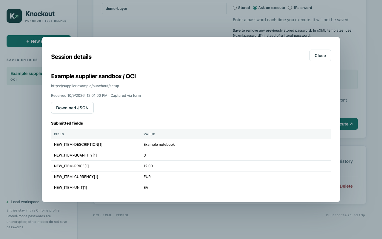 Returned OCI cart showing item description, quantity, price, currency and unit