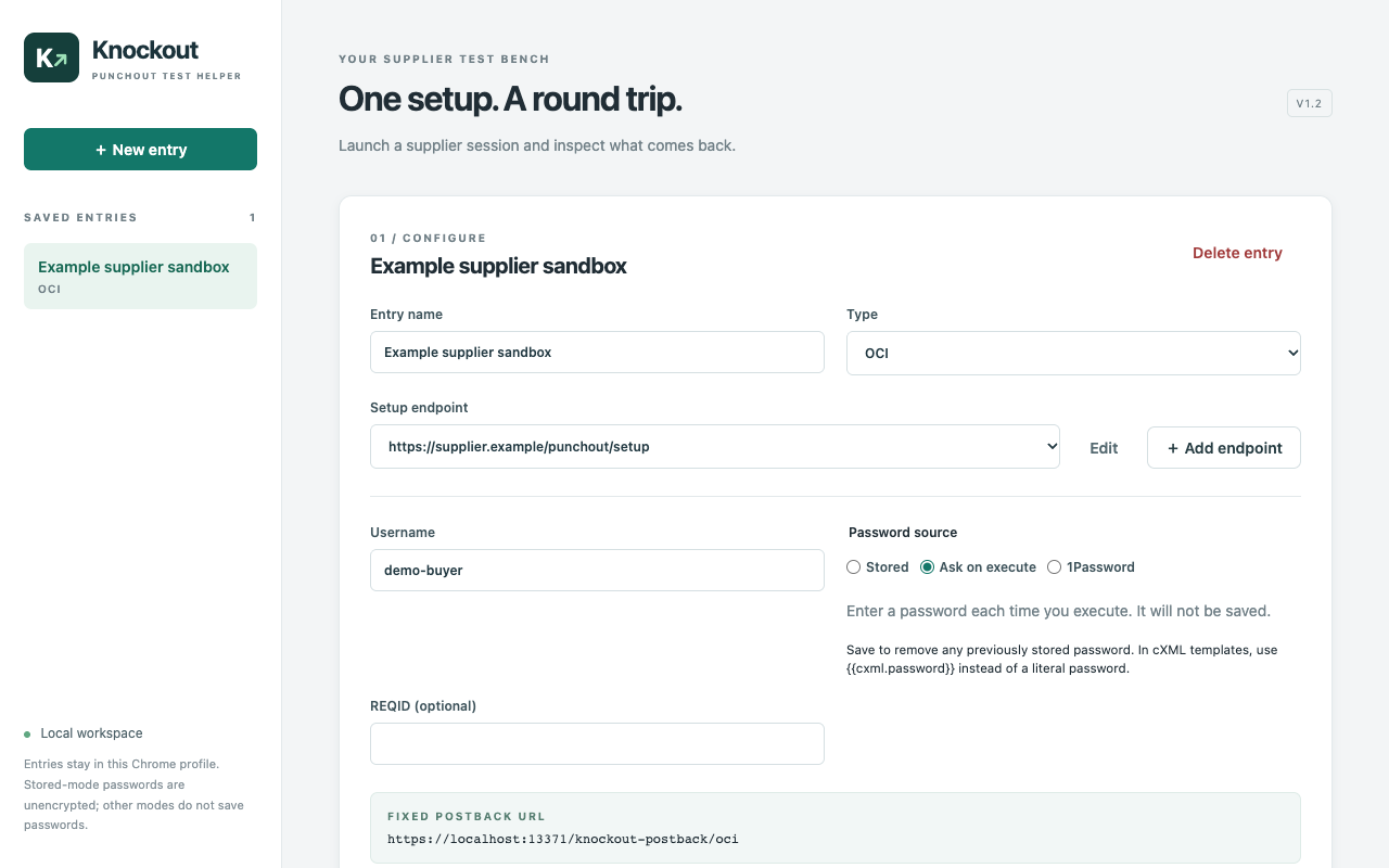Knockout workspace with a sample OCI supplier entry and password source choices